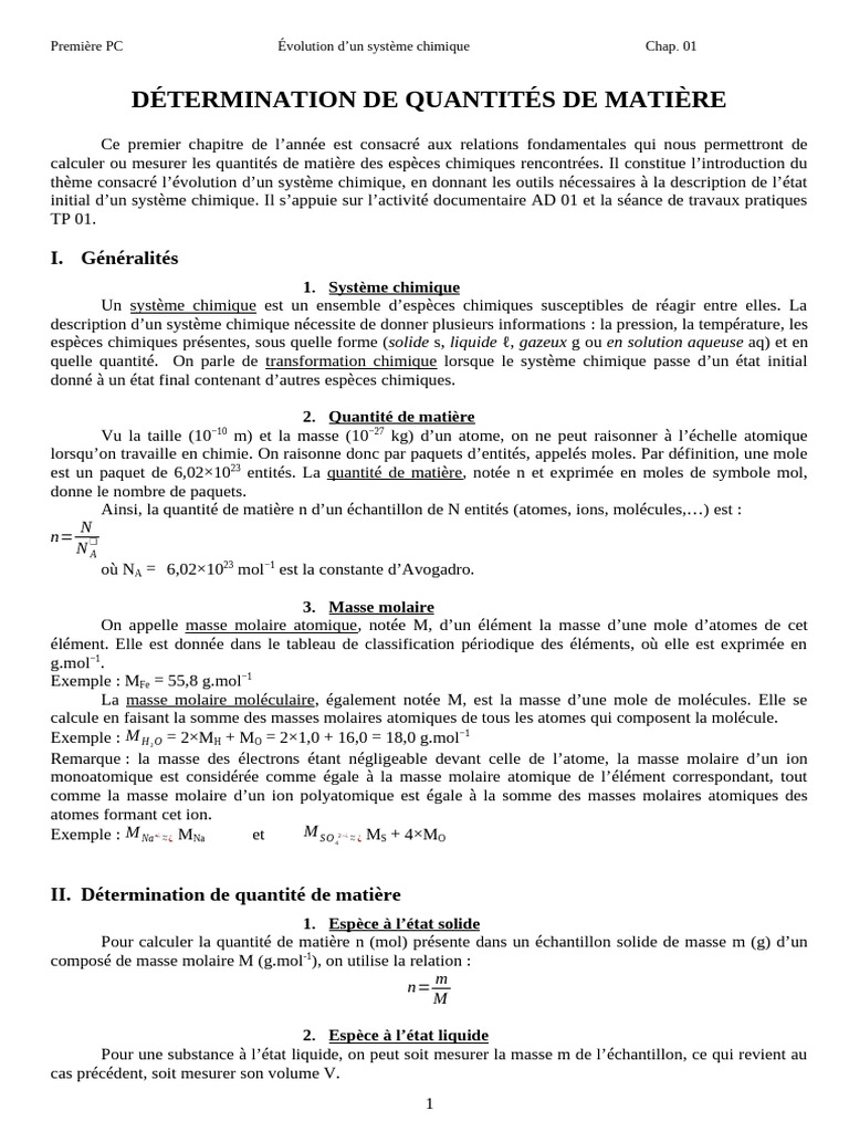 Détermination des Quantités de Matière en Chimie | PDF | Concentration ...