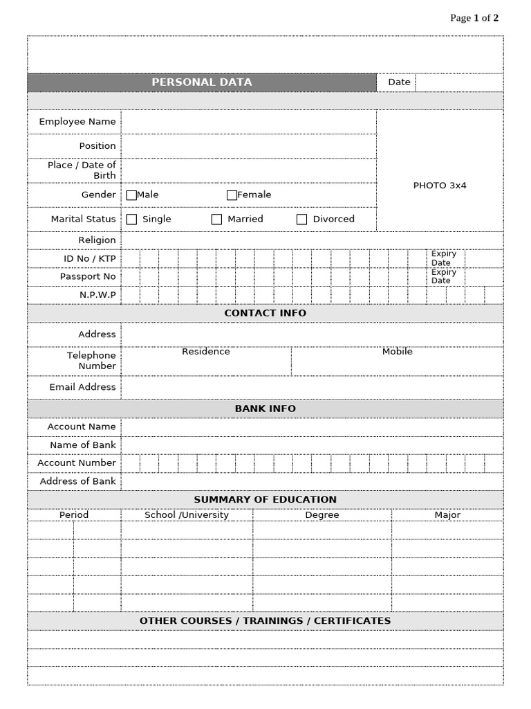 Employee Personal Data Form Template | PDF