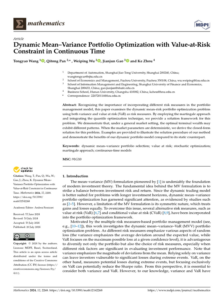 Dynamic Portfolio Optimization with VaR | PDF | Value At Risk ...