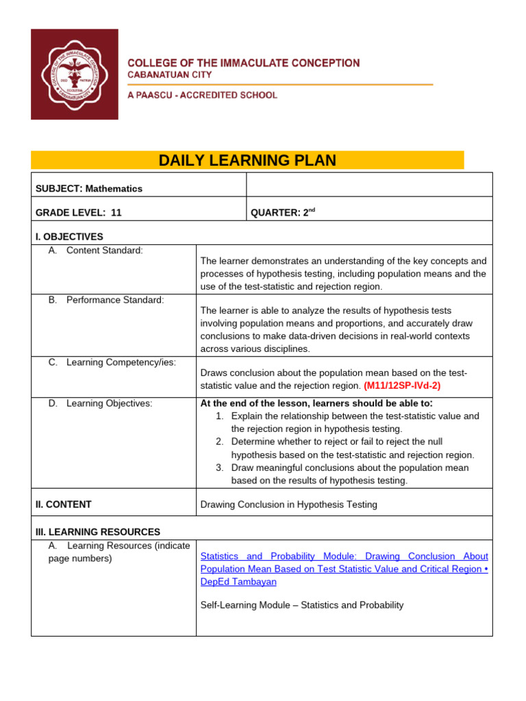 Hypothesis Testing in Mathematics 11 | PDF | Statistical Significance ...