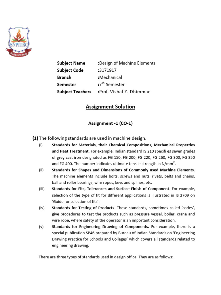 DME Assignment Solution | PDF | Bearing (Mechanical) | Mechanical ...