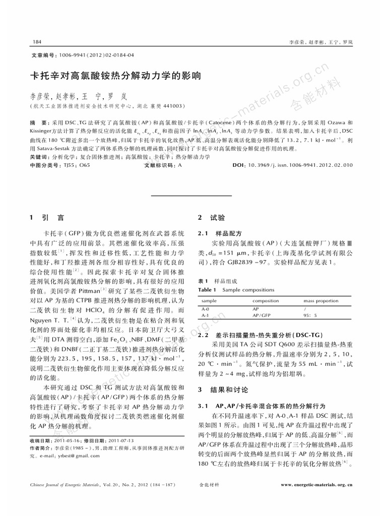 Effect of Catocene On Thermal Decomposition Kinetics of Ammonium ...