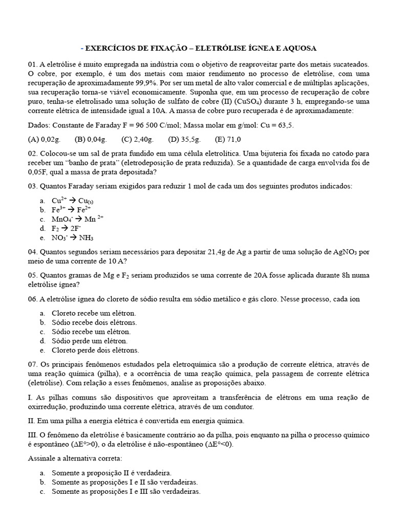 Exercícios sobre Eletrólise e Eletroquímica | PDF | Eletroquímica ...