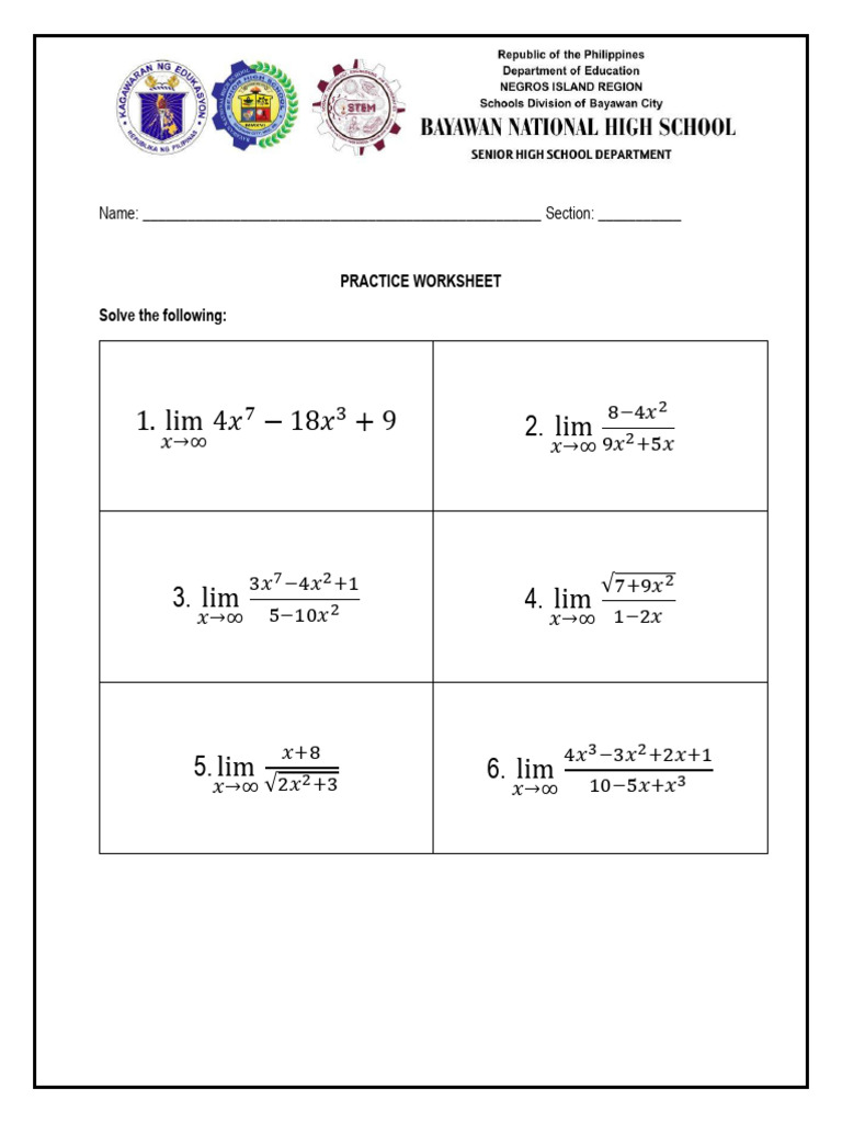 Limits Practice Worksheet | PDF