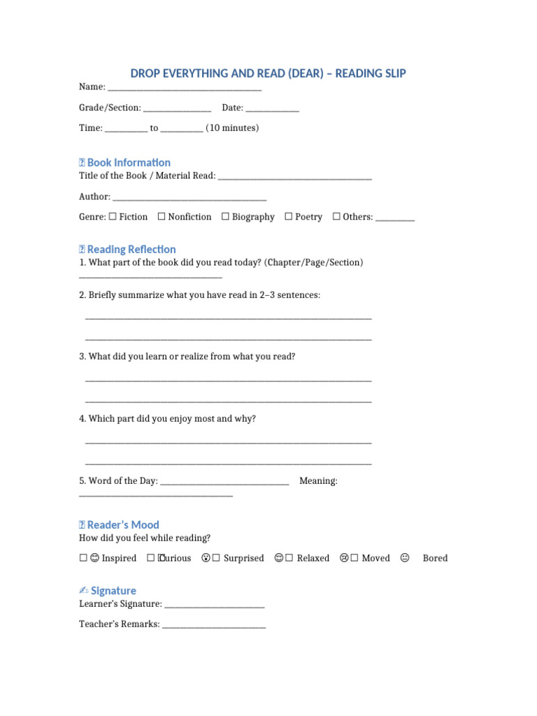 Reading Reflection Slip Template | PDF