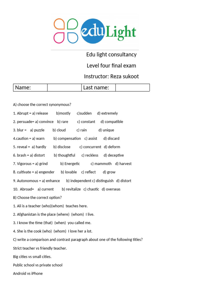 Level Four English Exam Practice Guide | PDF | Grammar | Linguistics