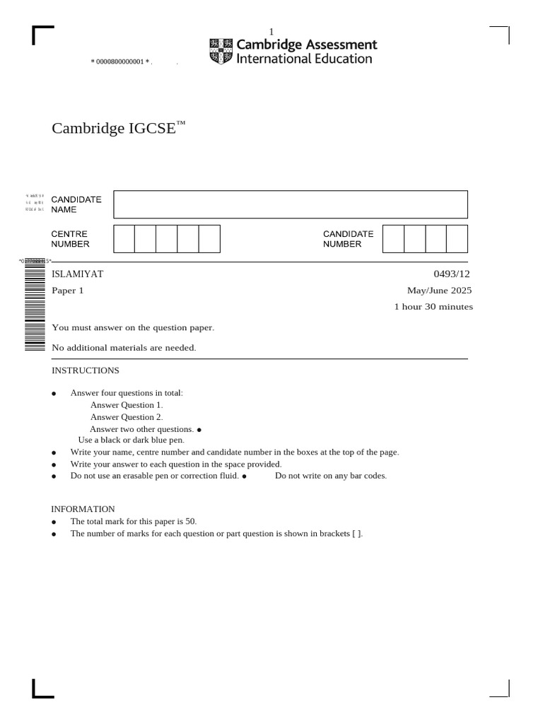 Cambridge IGCSE Islamiat Exam Paper | PDF | God In Islam | Umar