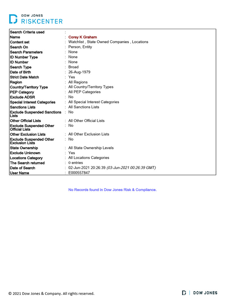 Dow Jones Risk and Compliance Search Details Corey K Graham | PDF