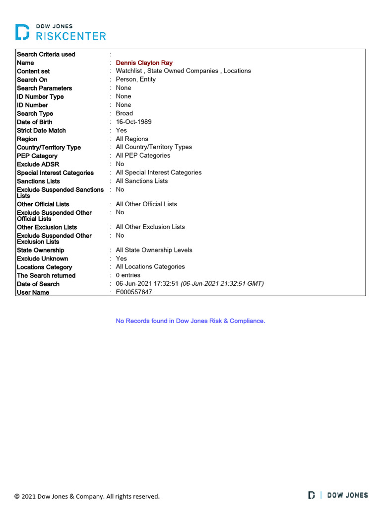 Dow Jones Risk and Compliance Search Details - Dennis Clayton Ray | PDF
