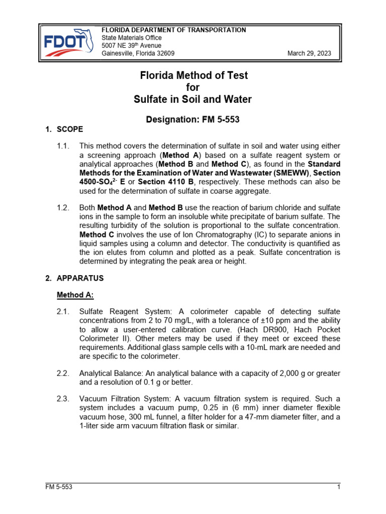 Florida Sulfate Testing Methods Guide | PDF | Filtration | Water