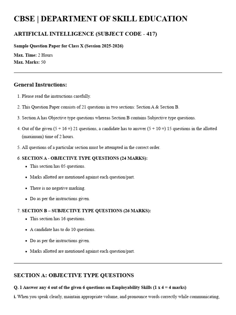 CBSE Class X AI Sample Question Paper | PDF | Machine Learning ...