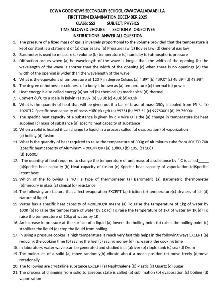 SS2 Physics First Term Exam 2025 | PDF | Temperature | Heat