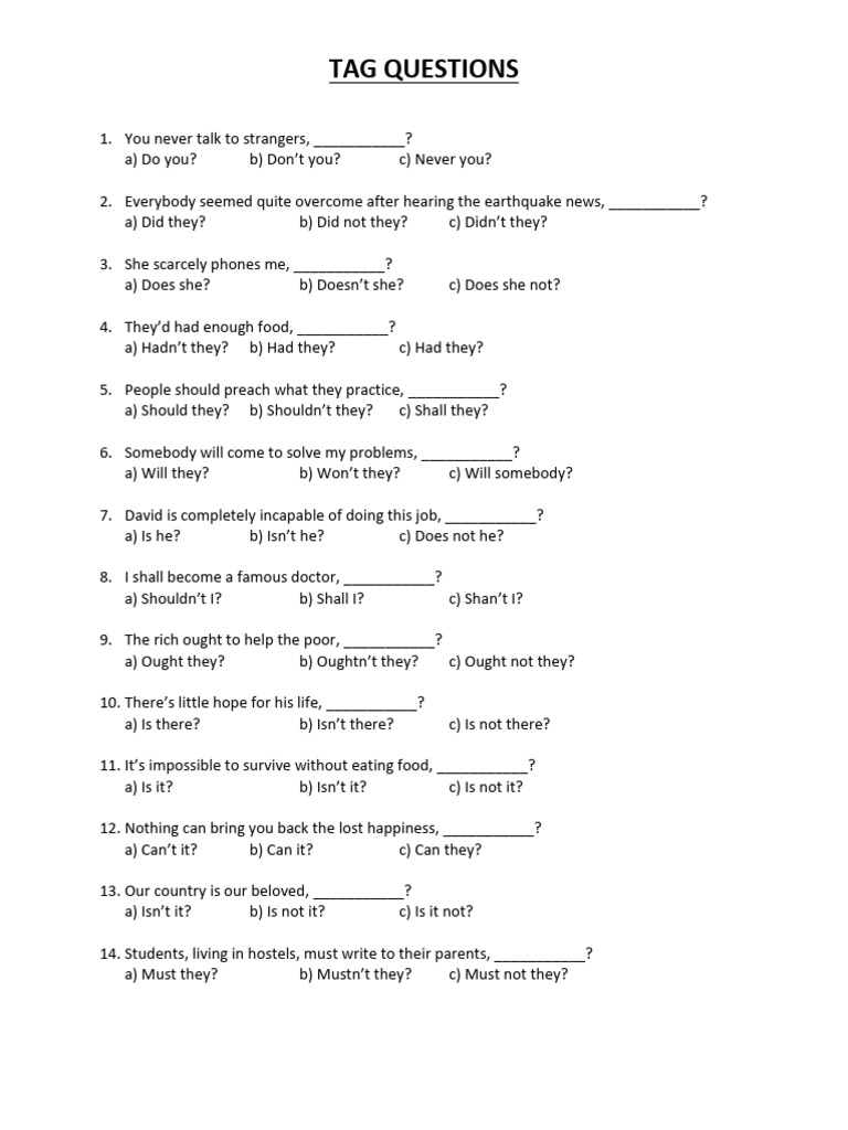 Tag Questions Practice and Answers | PDF | Chess | Chess Theory