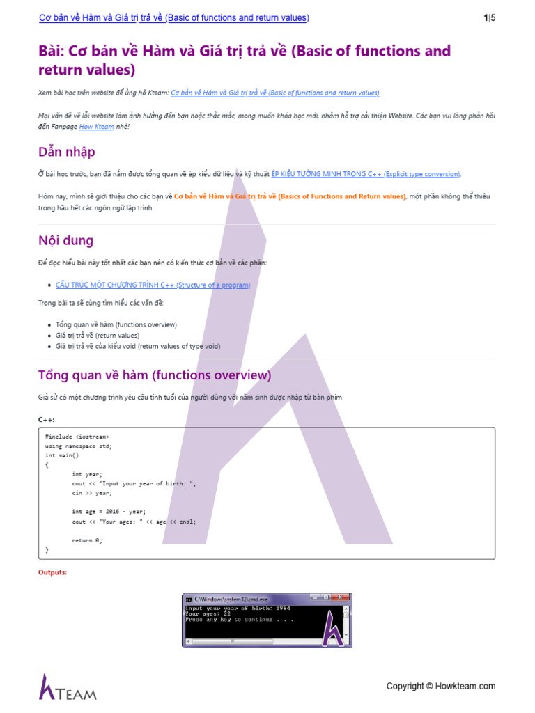 HOWKTEAM.VN - Cơ bản về Hàm và Giá trị trả về (Basic of functions and ...