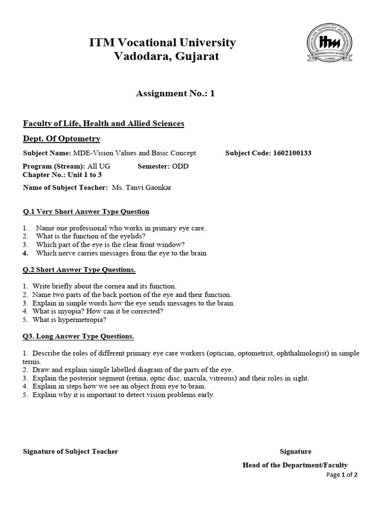 Optometry Assignment: Vision Concepts & Care | PDF | Glasses | Vision