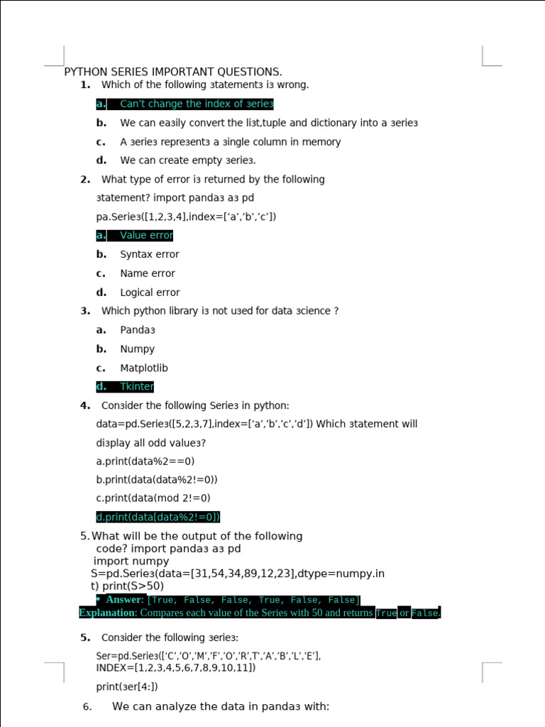 Key Python Series Questions and Answers | PDF | Computer Programming ...