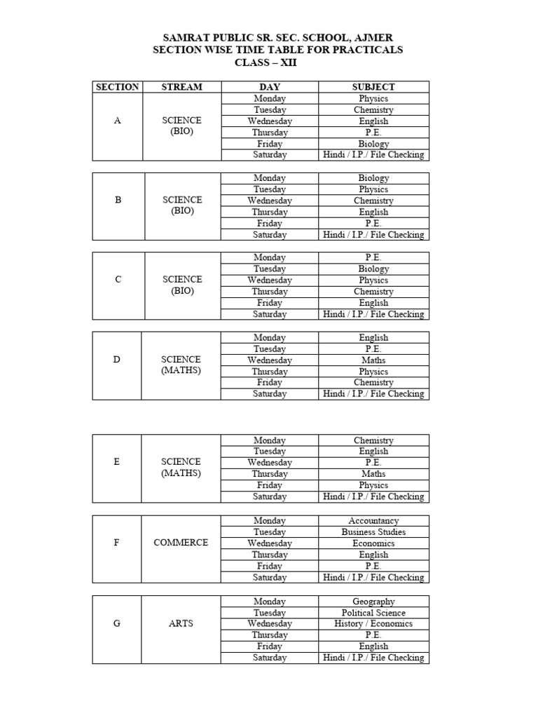 Time Table For Class Xii | PDF