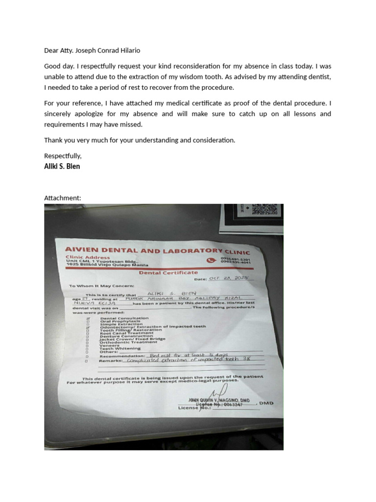 Request For Reconsideration - Absence Due To Wisdom Tooth Extraction | PDF