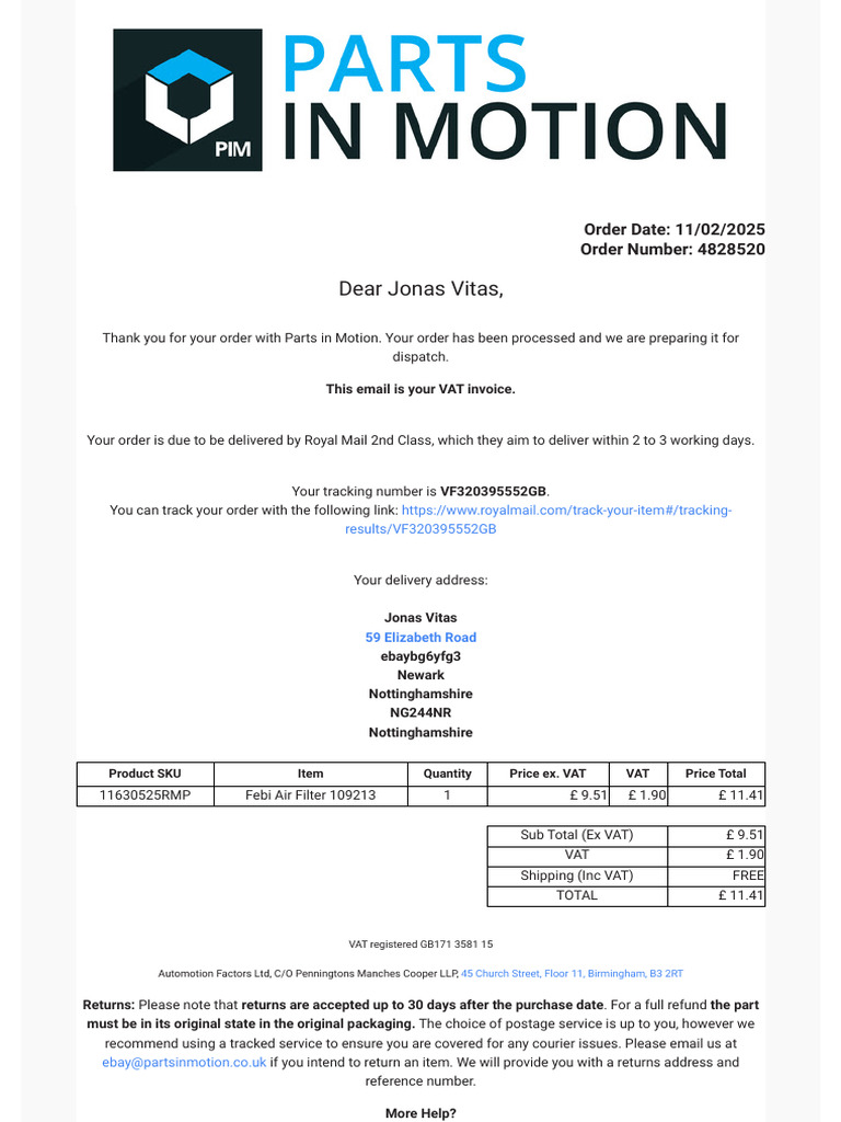 Gmail - Your Parts in Motion Order Has Been Processed (Order #4828520 ...