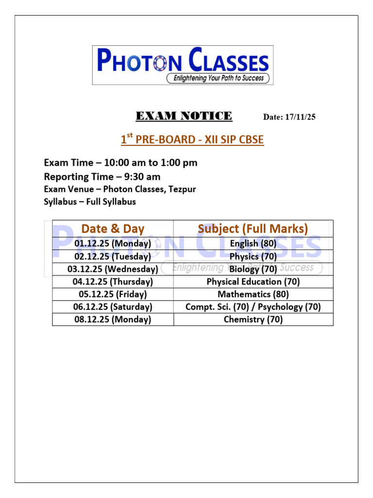 Exam Notice - 1st Pre Board (Xii Sip Cbse) - 1 | PDF