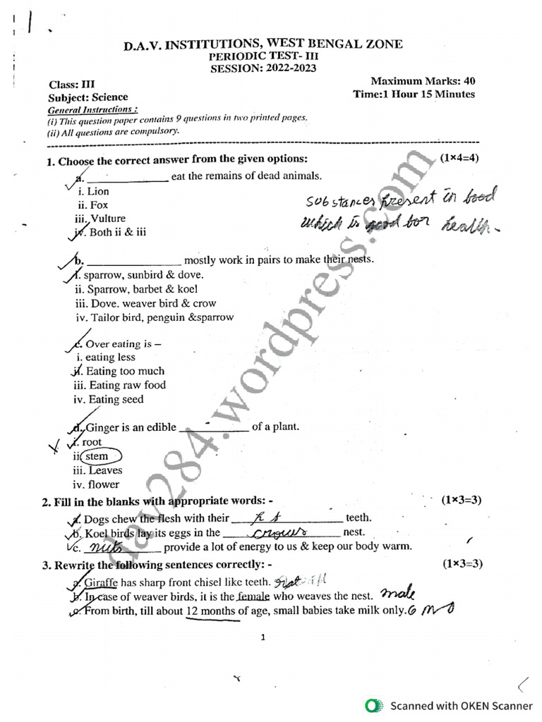 DAV Class 3 Science Periodic Test 3 2022-23 | PDF