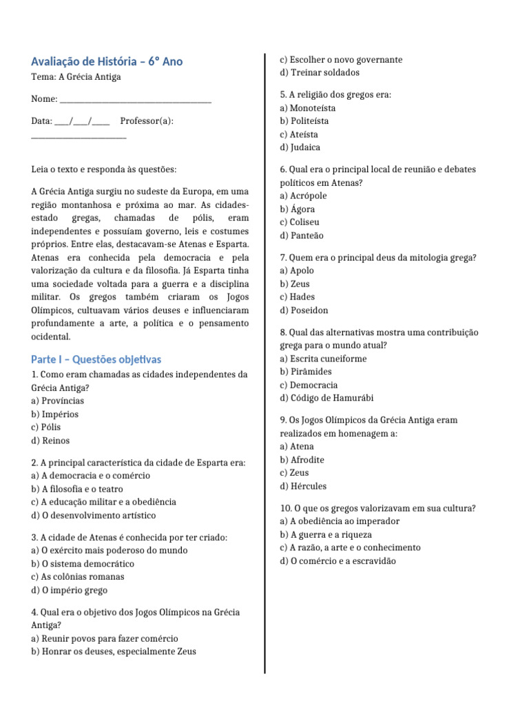 Avaliação sobre a Grécia Antiga - 6º Ano | PDF | Grécia Antiga | Grécia