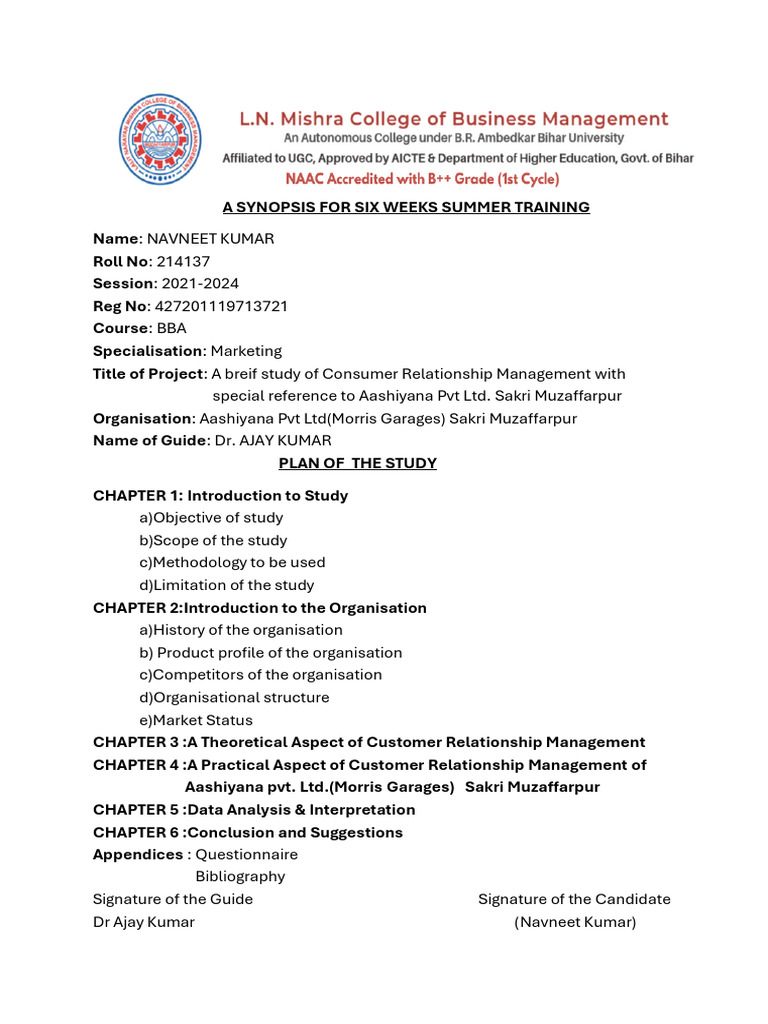 A Synopsis For Six Weeks Summer Training | PDF