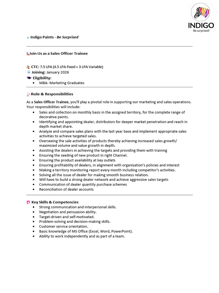 Indigo Paints Sales Officer Trainee Role | PDF | Sales | Brand