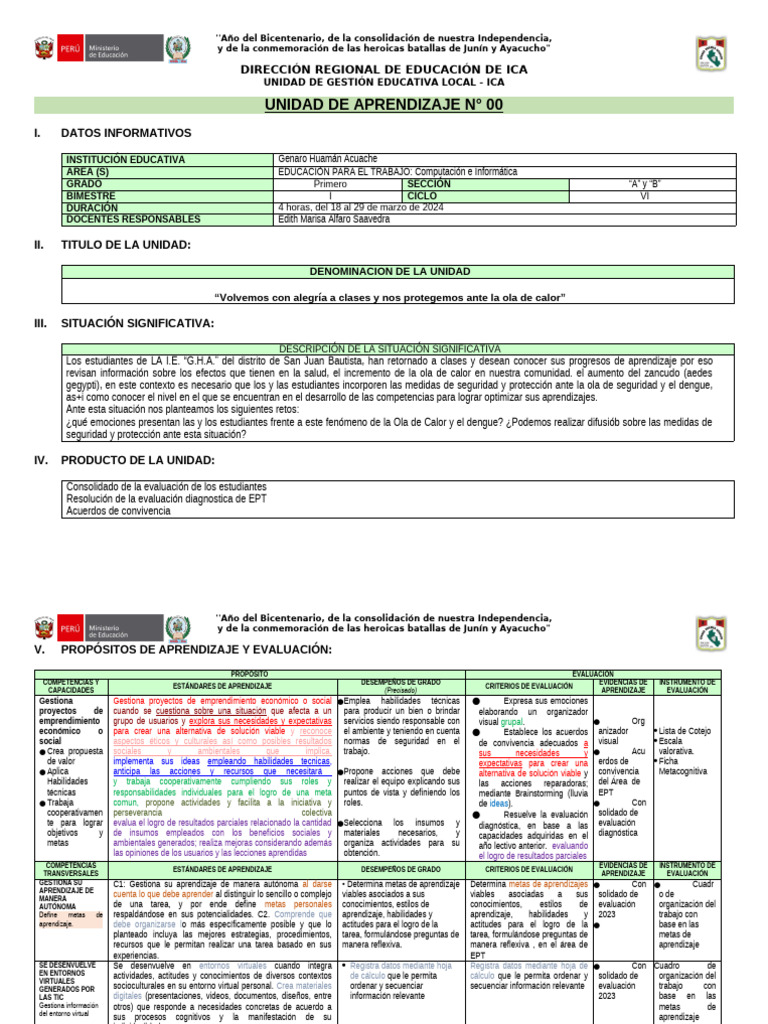 0 - 1ro Unidad de Aprendizaje - 2024 | PDF | Aprendizaje | Evaluación