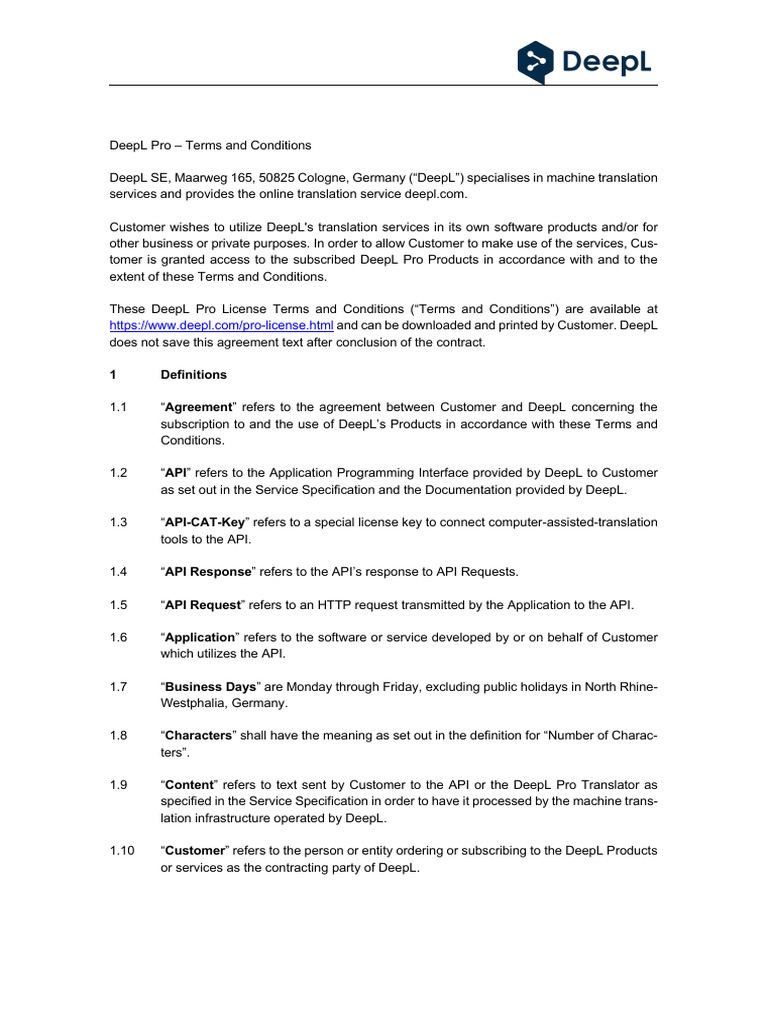 DeepL Pro Terms and Conditions Guide | PDF | Legal Liability | Payments