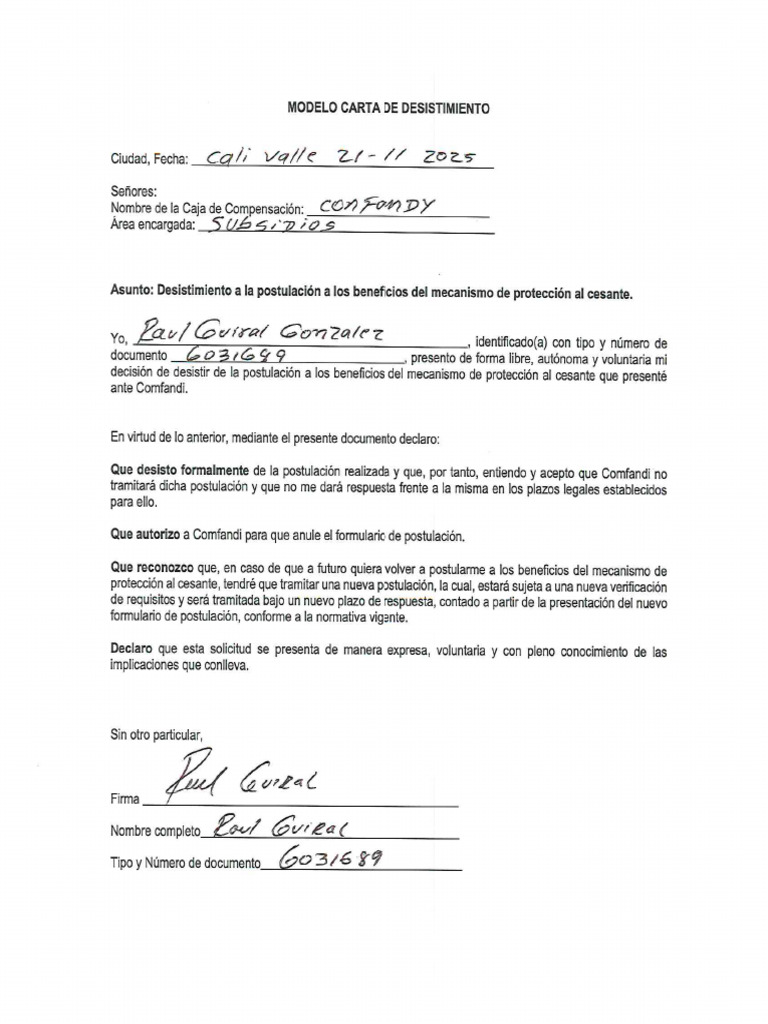 Carta Desistimiento | PDF