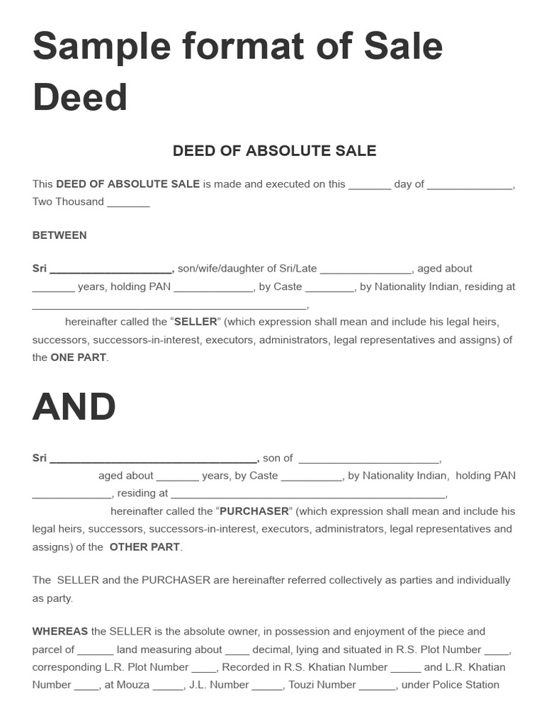 Sample format of Sale Deed | PDF | Mortgage Law | Private Law