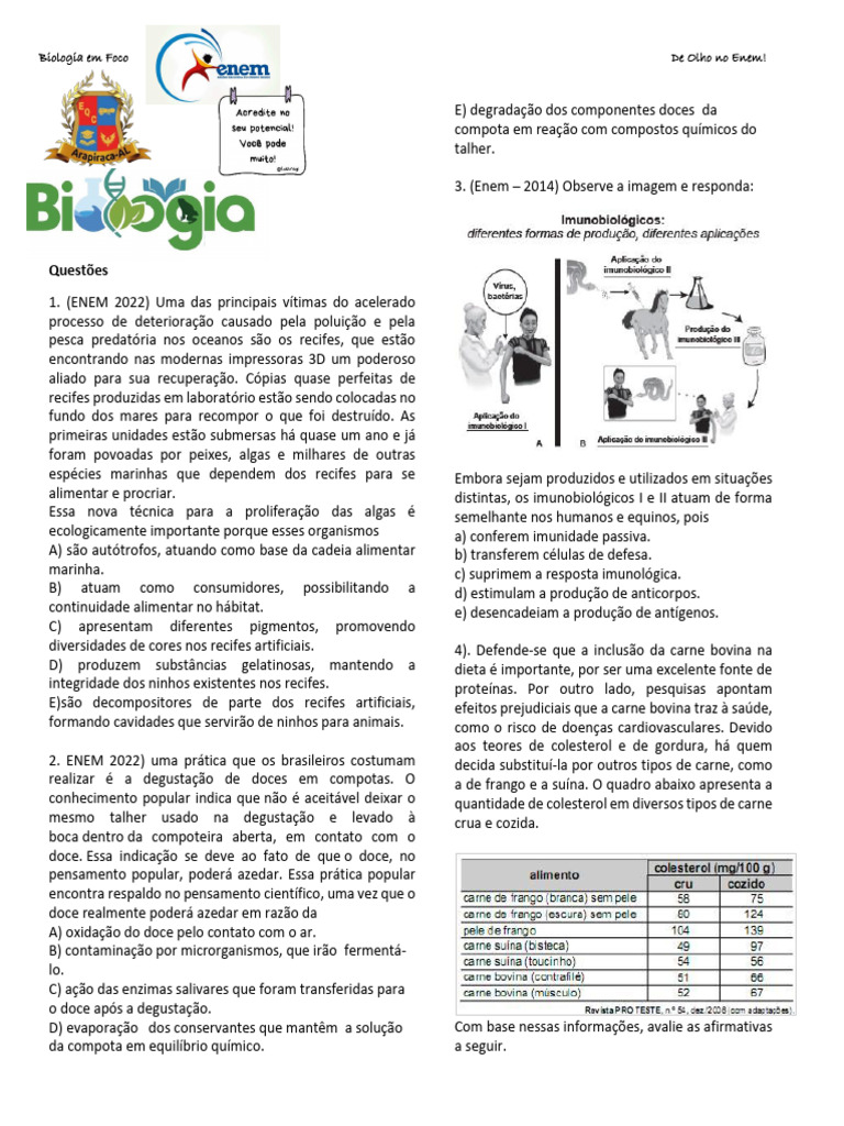 Enem Aulão Questões Biologia | PDF | Recife de corais | Carne