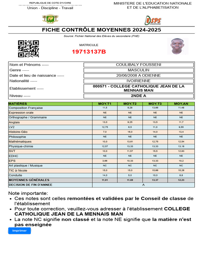 Fiche de Contrôle des Moyennes 2024-2025 | PDF