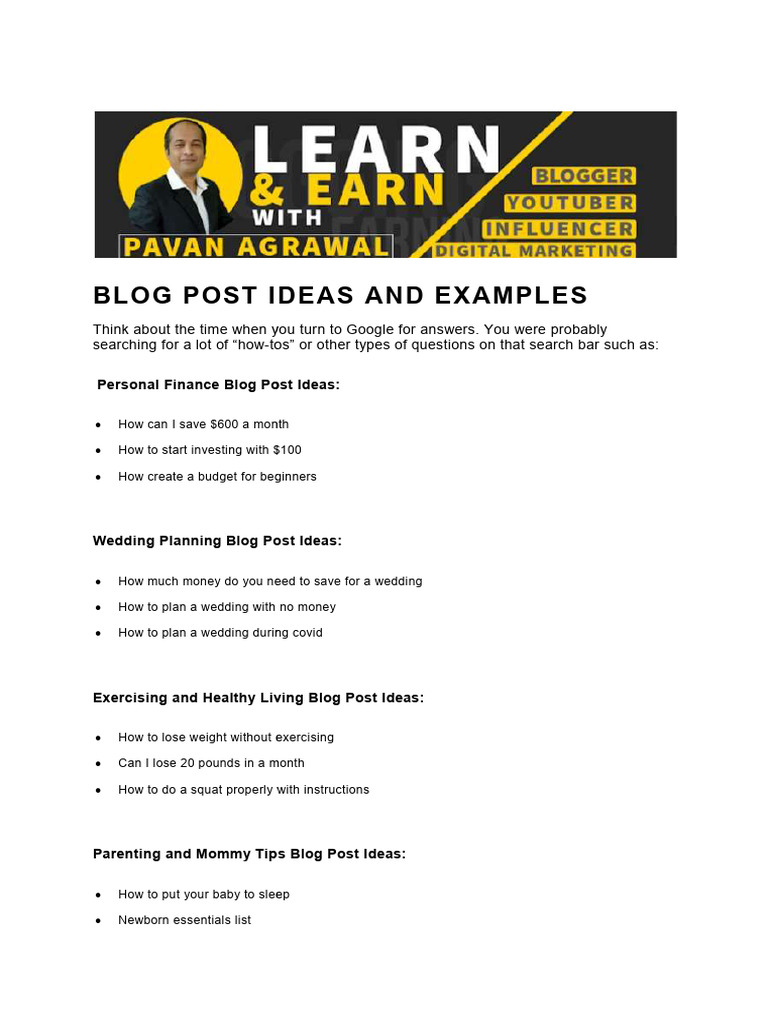 Blog Post Ideas Across Various Topics | PDF