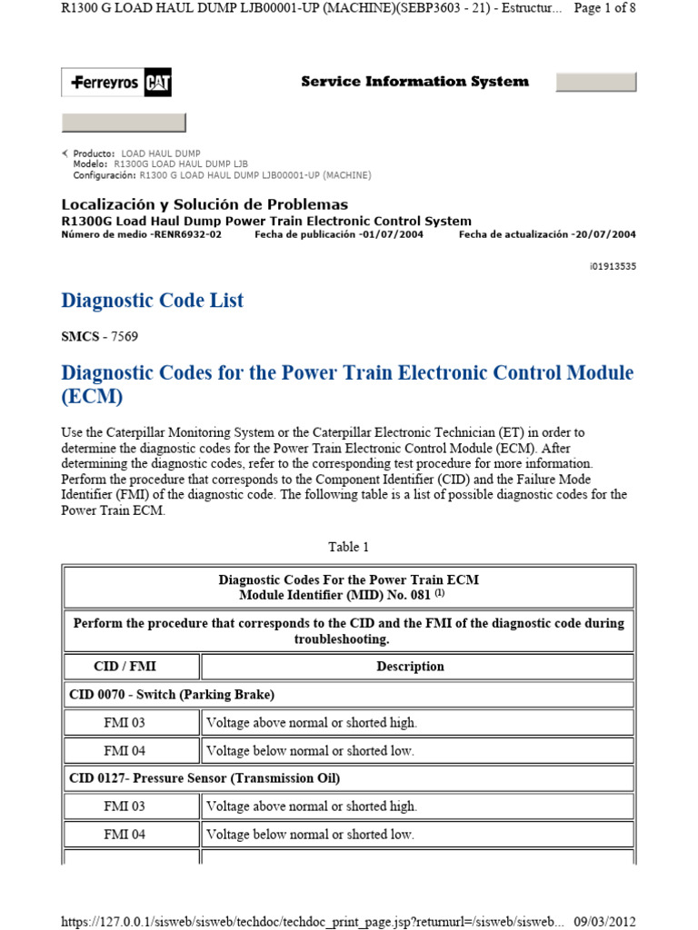 R1300G Load Haul Dump ECM Codes | PDF | Power Supply | Sensor