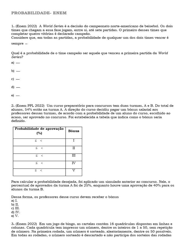 Probabilidade: Questões do ENEM | PDF | Probabilidade | Pneu