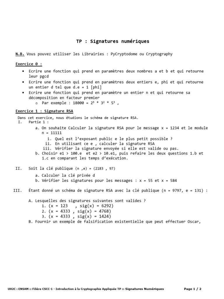 TP sur Signatures Numériques en Cryptographie | PDF | Public-key ...