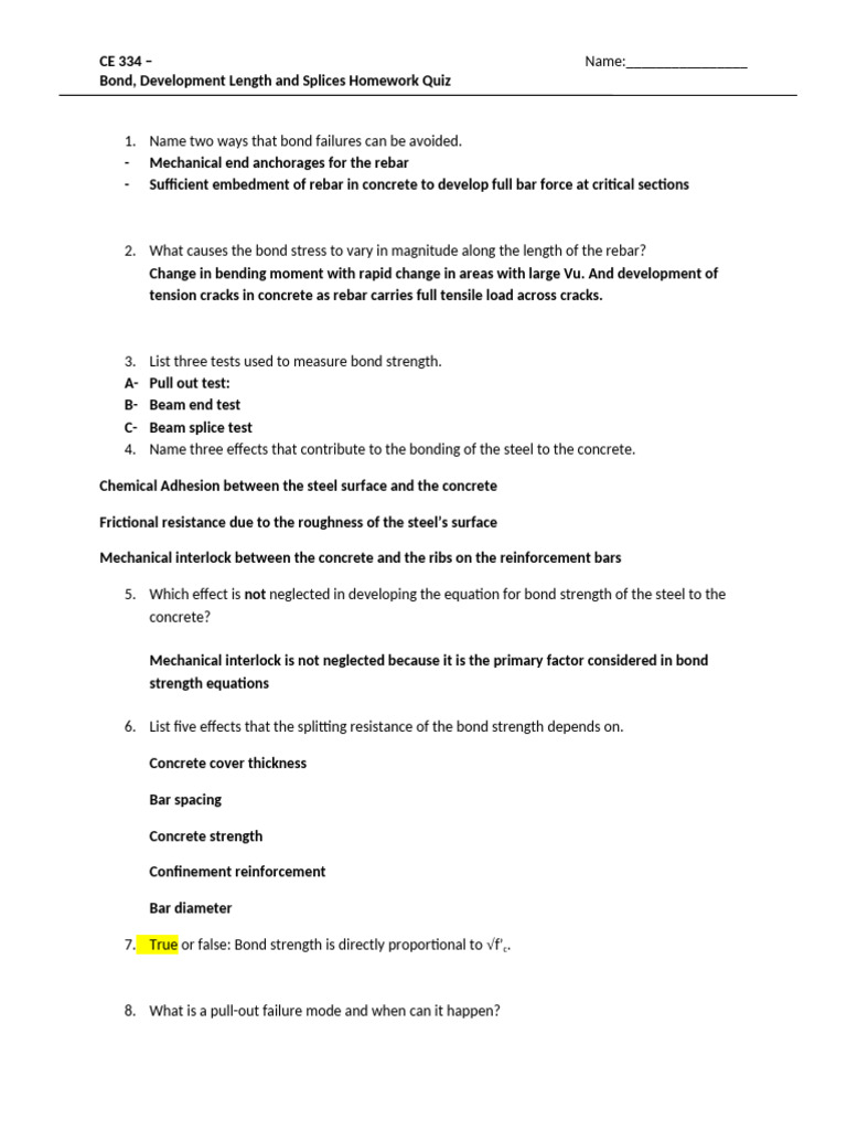 Bond and Development Length Quiz | PDF | Strength Of Materials | Concrete