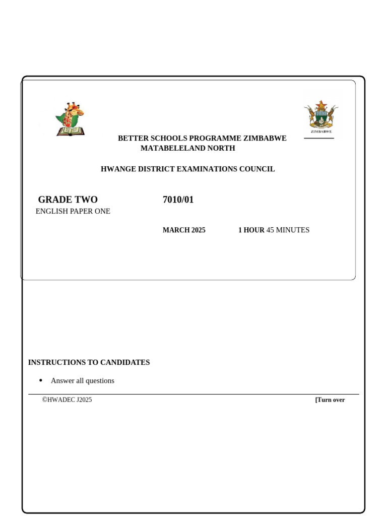 Grade 2 English Exam Paper 2025 | PDF