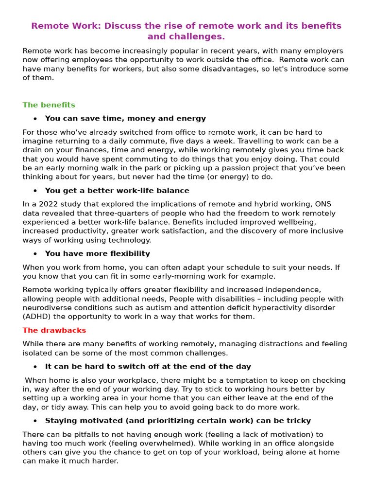 Benefits and Challenges of Remote Work | PDF | Psychology | Behavioural ...
