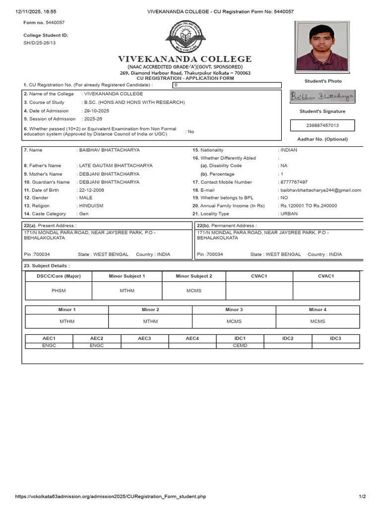 CU Registration Form for Vivekananda College | PDF