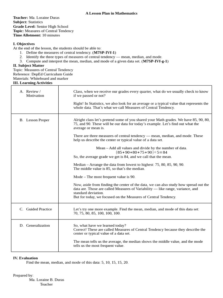 Senior High Statistics Lesson Plan | PDF | Mean | Mode (Statistics)