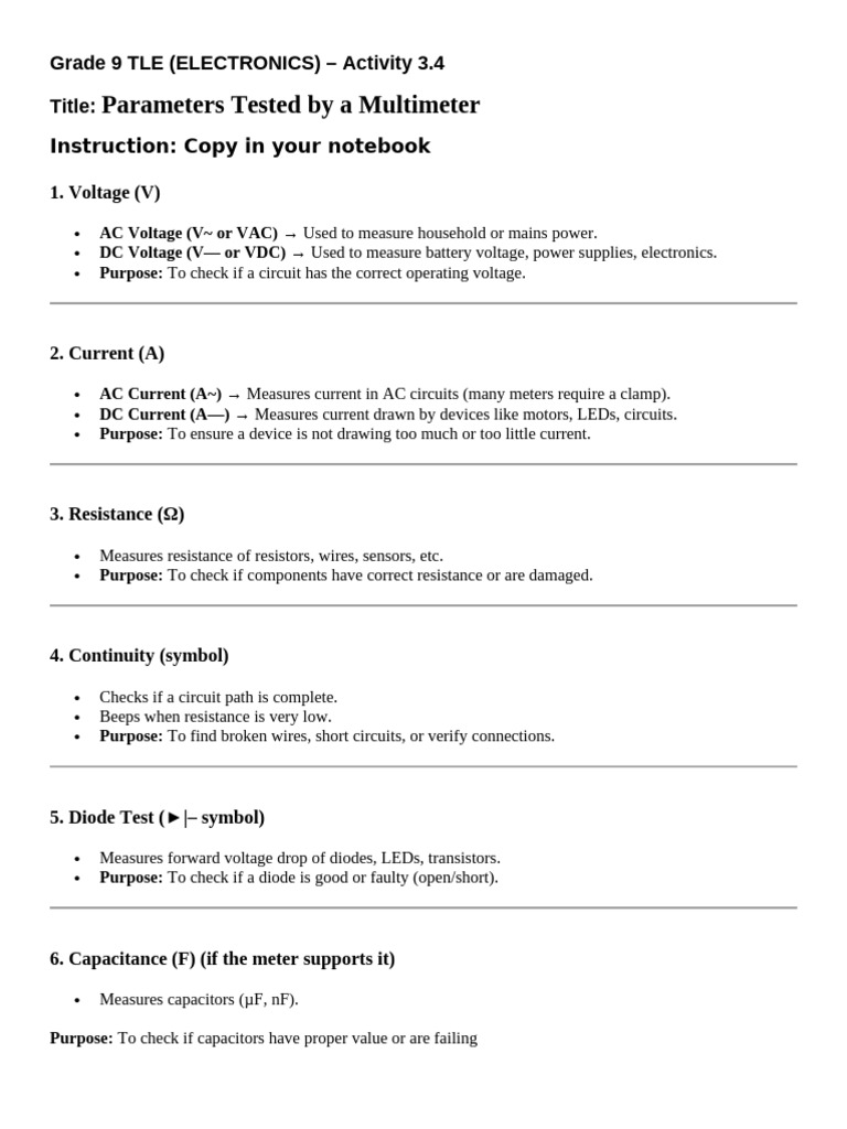 Multimeter Parameters for Grade 9 TLE | PDF | Electrical Network ...
