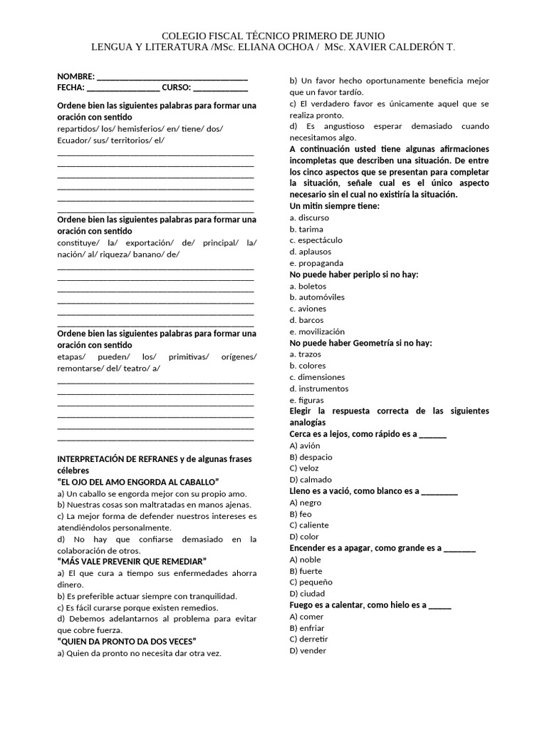 Ejercicios de Lengua y Literatura | PDF