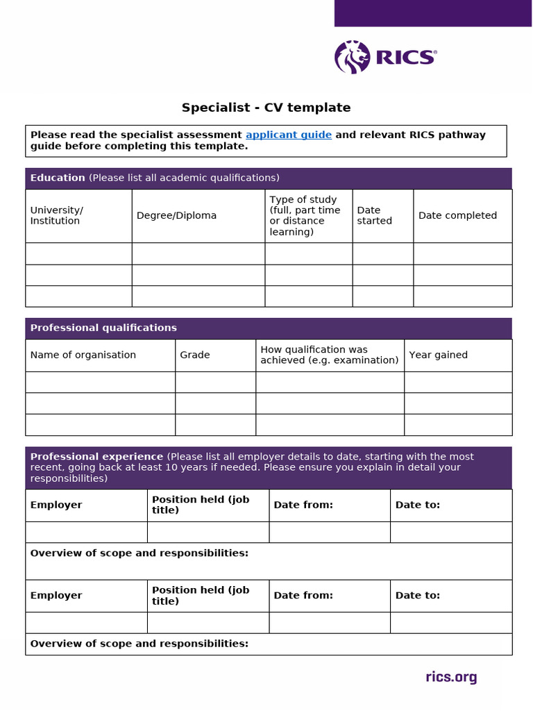 RICS Specialist CV Template Guide | PDF | Educational Stages