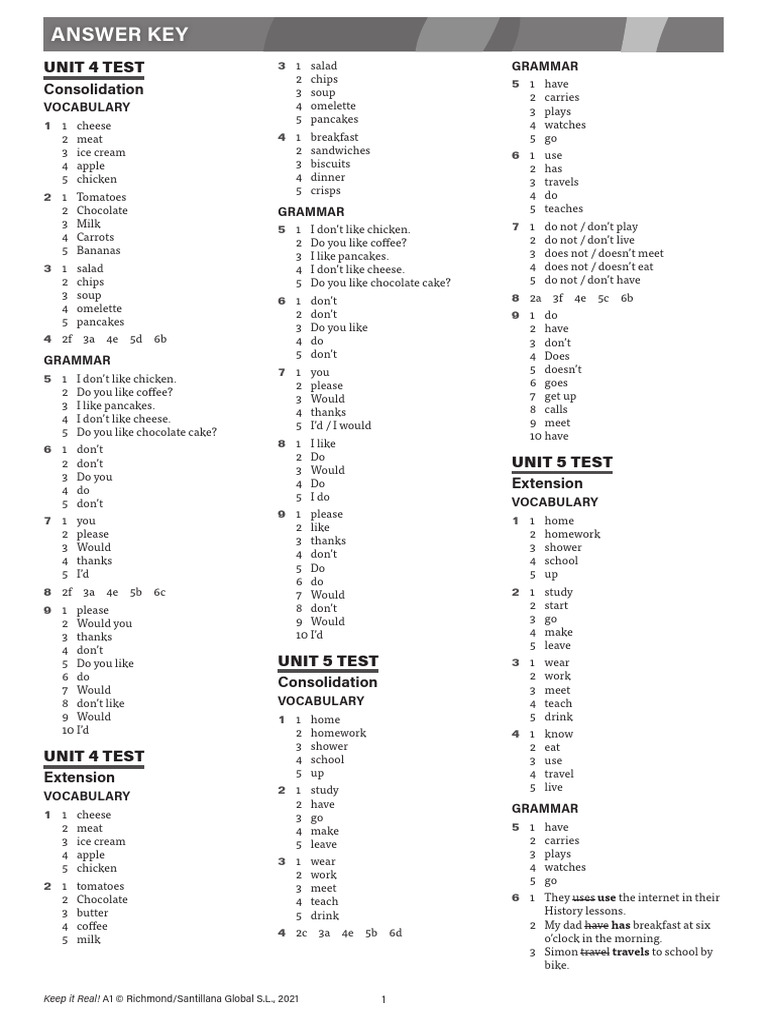 A1 English Unit Tests Answer Key | PDF | Pancake | Foods