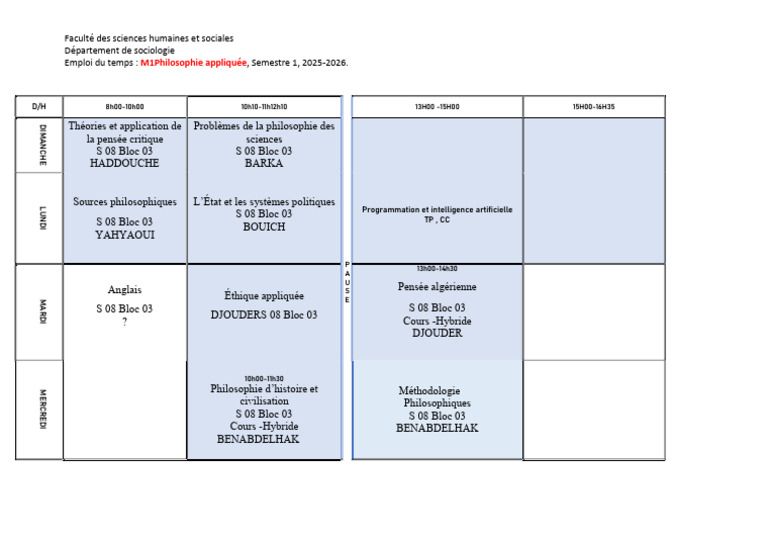 Emploi du temps M1 Philosophie 2025-2026 | PDF