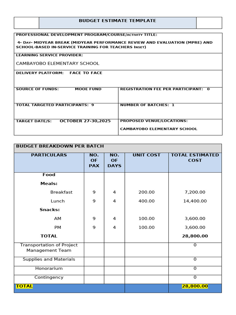 Cambayobo Es Inset Budget Proposal 2025 | PDF