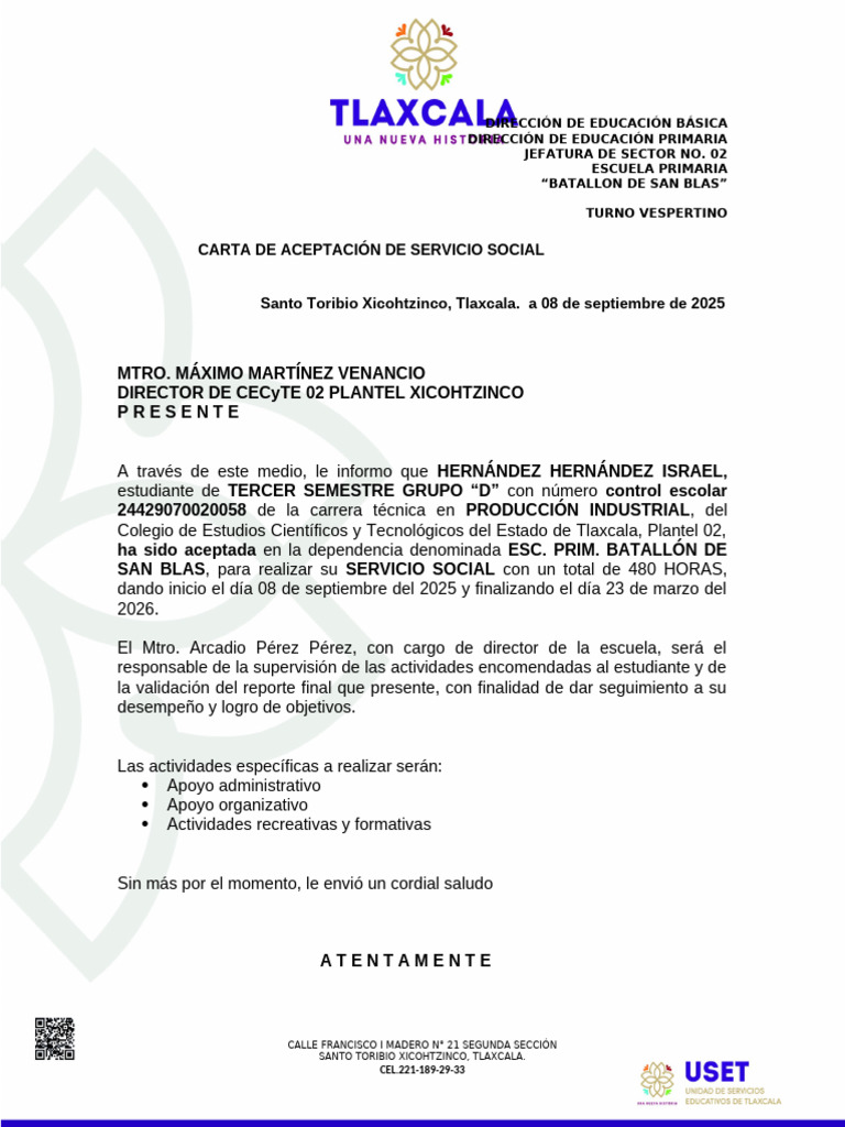 Aceptación de Servicio Social en Tlaxcala | PDF